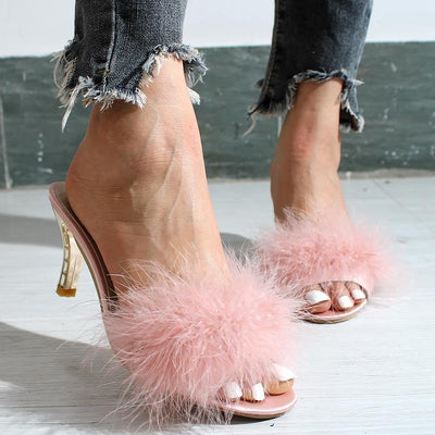 Fashion Sexy Rabbit Fur Low-heeled Sandals - Cherrybetty
