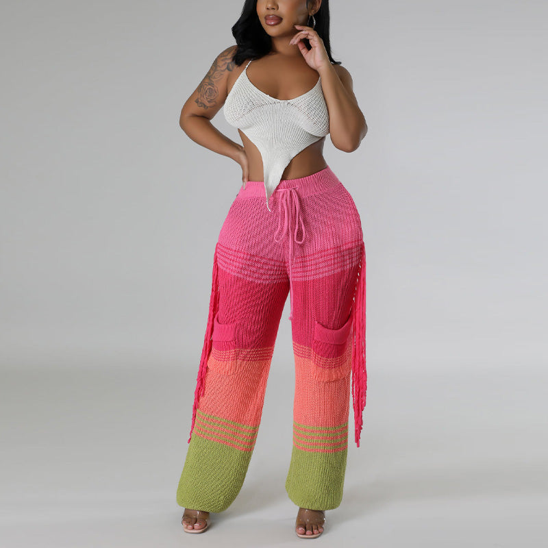 Colorblock Tassels Knitted Pants