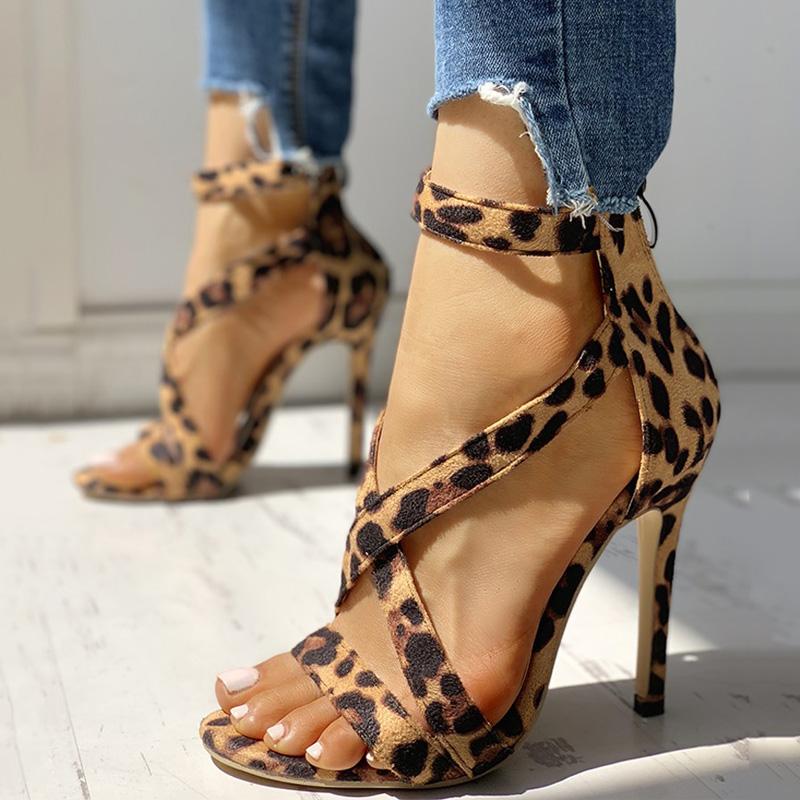 Leopard Crisscross Zipper Back Thin Heeled Sandals - Shop Shiningbabe - Womens Fashion Online Shopping Offering Huge Discounts on Shoes - Heels, Sandals, Boots, Slippers; Clothing - Tops, Dresses, Jumpsuits, and More.