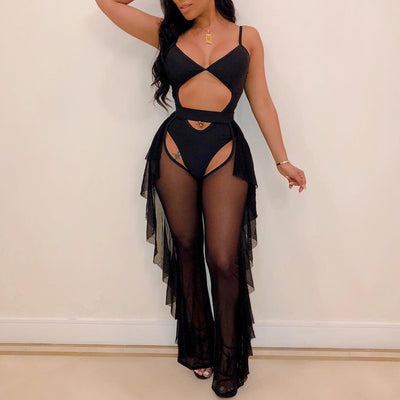 Solid Sheer Mesh Two Piece Swimsuit
