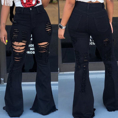 Solid Cut Out Bell Bottom Denim Pants