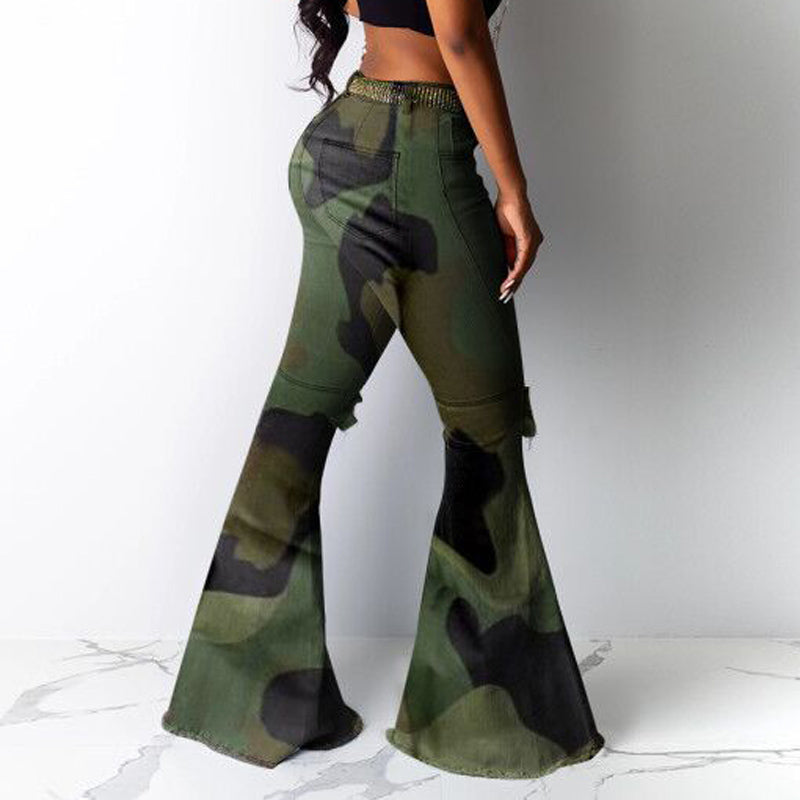 Camouflage Cutout Bell Bottom Pants