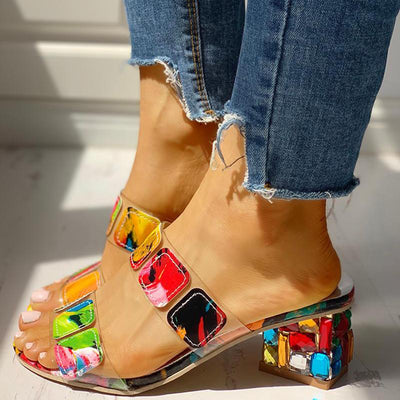 Colorful Geo Applique Chunky Heeled Sandals - Shop Shiningbabe - Womens Fashion Online Shopping Offering Huge Discounts on Shoes - Heels, Sandals, Boots, Slippers; Clothing - Tops, Dresses, Jumpsuits, and More.