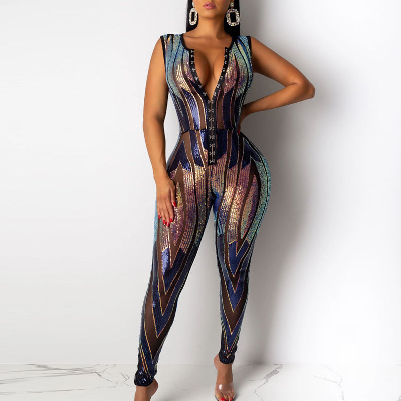 Sequins V-neck Sleeveless Party Evening Jumpsuit