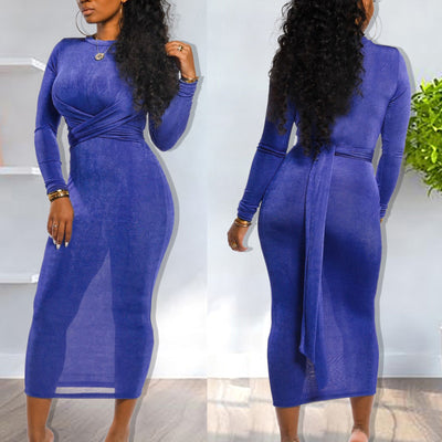 Solid Tied Long Sleeve Bodycon Maxi Dress