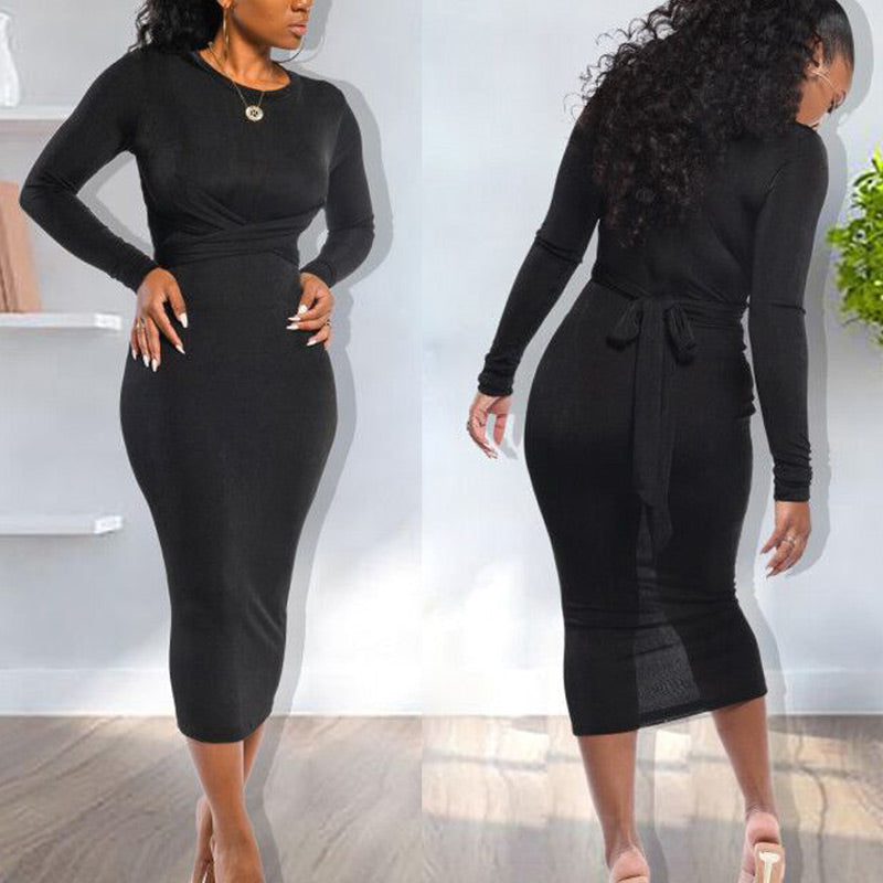 Solid Tied Long Sleeve Bodycon Maxi Dress