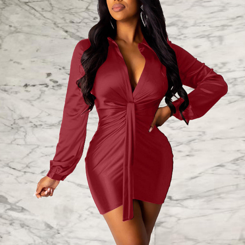 Solid Ruched Long Sleeve Tied Bodycon Dress