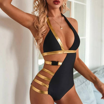 Colorblock Bandage Hollow Out One Piece Swimsuit