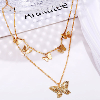 Butterfly Pattern Layered Pendant Chain Necklace