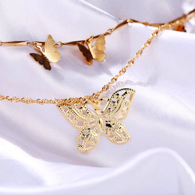Butterfly Pattern Layered Pendant Chain Necklace