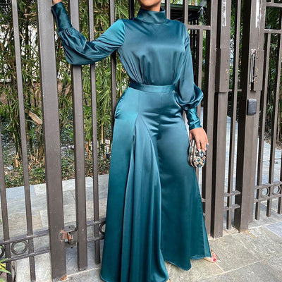 Solid Long Puff Sleeve Wide Leg Jumpsuit