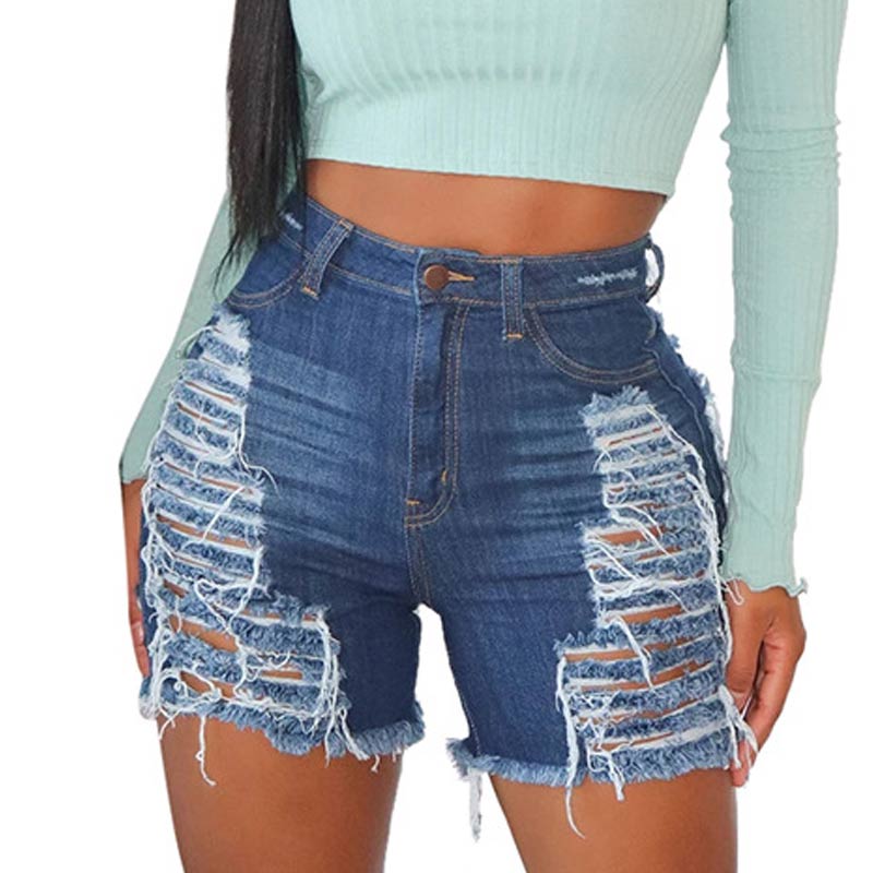 Solid Cut Out Ripped Denim Shorts