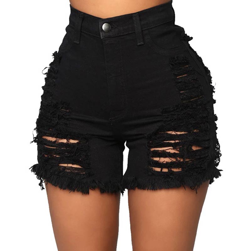 Solid Cut Out Ripped Denim Shorts