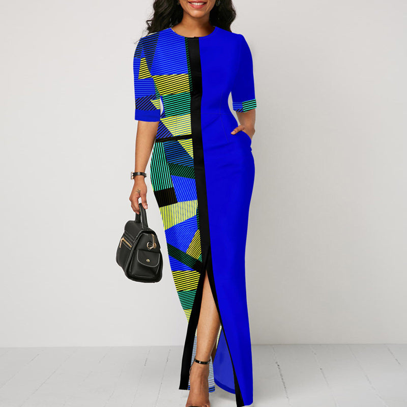 Colorblock Print Half Sleeve Maxi Dress