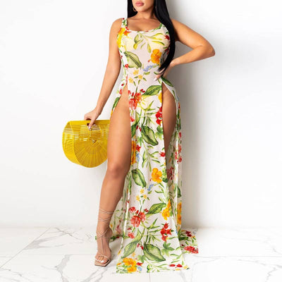 Sexy Floral Print High Split Maxi Dress