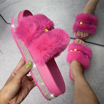 Fashion Rhinestone Open Toe Fluffy Sandals - Cherrybetty