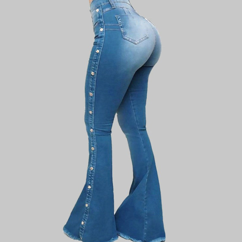 Denim Button Design High Waist Bell Bottom Jeans