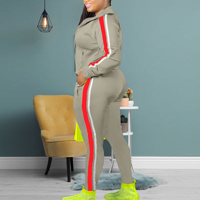 Colorblock Zipper Design Long Sleeve Hooded Top & Pants Set