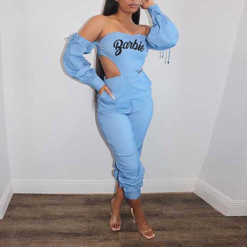 Solid Letter Print Hollow Out Jumpsuit
