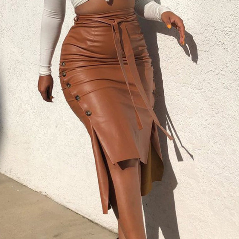 PU Leather Drawstring Button Design High Waist Split Skirt