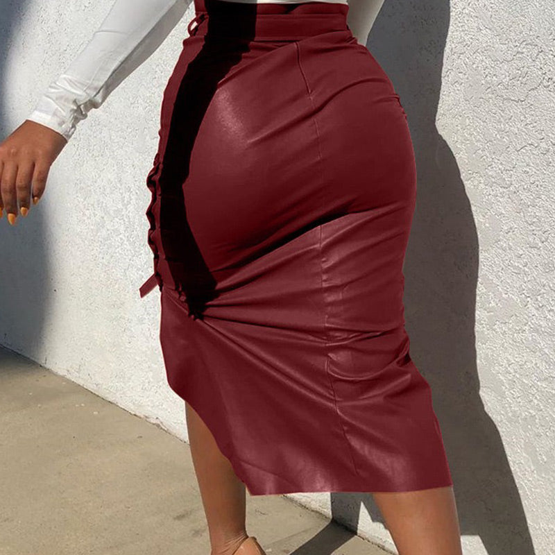 PU Leather Drawstring Button Design High Waist Split Skirt