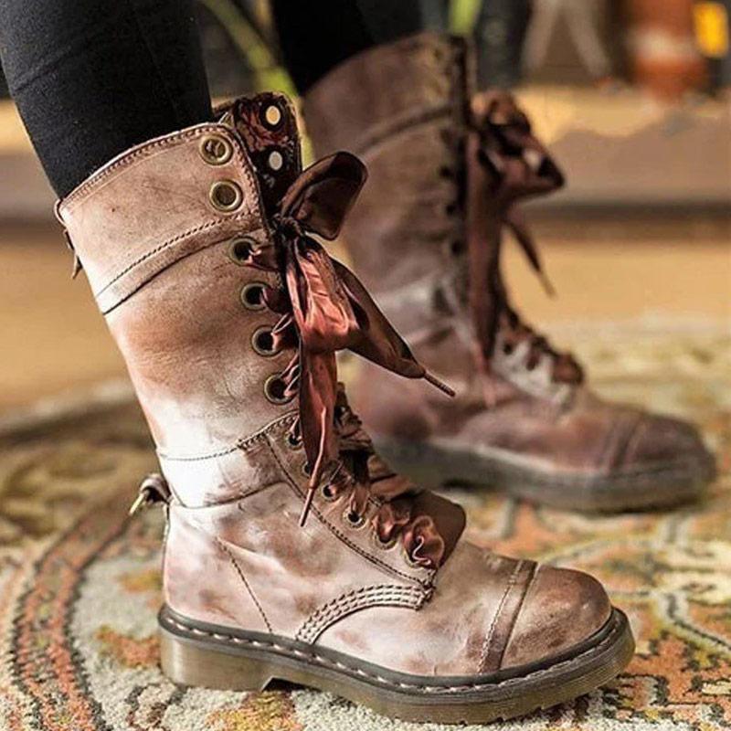 Floral Print Lace-Up PU Leather Martin Boots