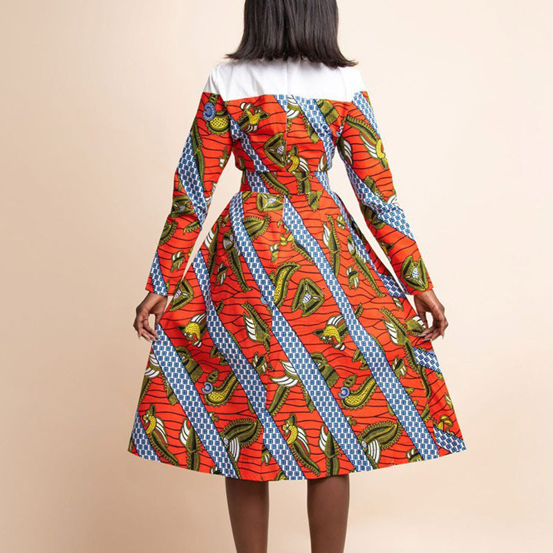 Colorblock Print Long Sleeve High Waist Big Swing Dress With Belt