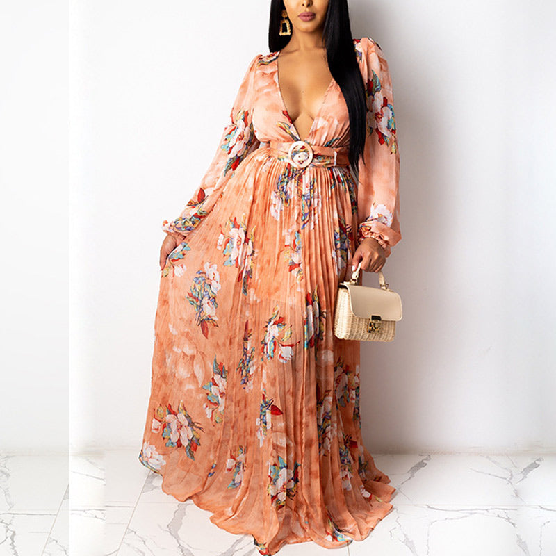 Floral Print V-Neck Pleated Maxi Dress With Belt