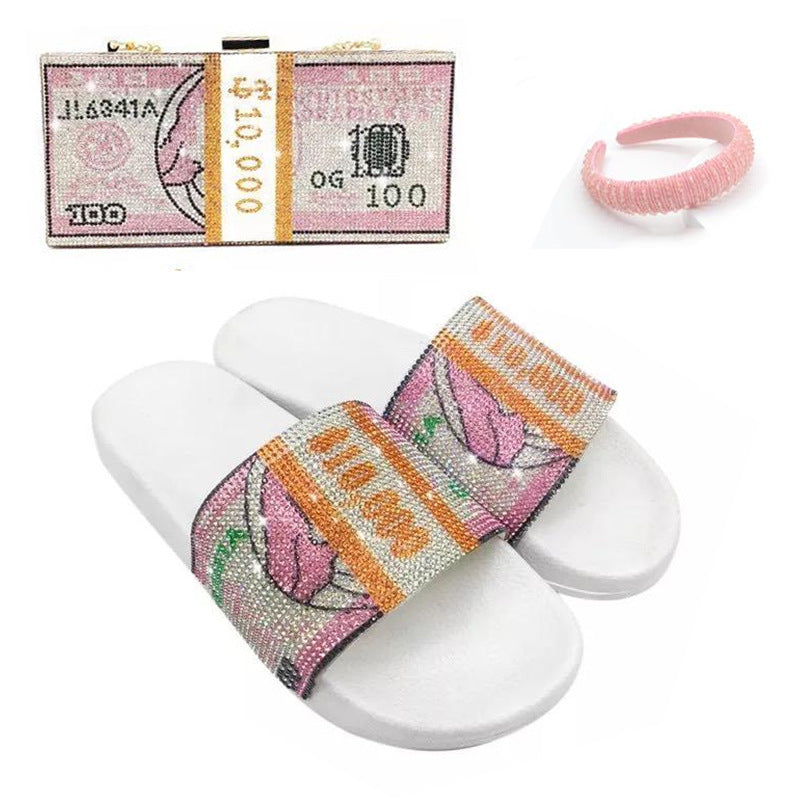 Sequins Rhinestone Money Print Slippers & Clutch Bags & Hair Bands (Sold Separately))