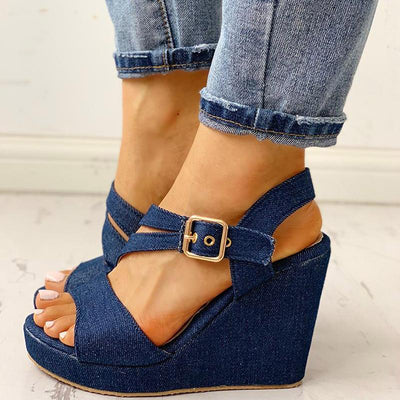Denim Buckled Platform Wedge Sandals - Shop Shiningbabe - Womens Fashion Online Shopping Offering Huge Discounts on Shoes - Heels, Sandals, Boots, Slippers; Clothing - Tops, Dresses, Jumpsuits, and More.