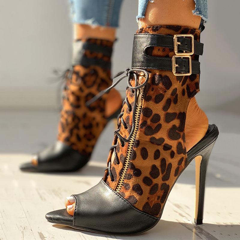 Leopard Print Peep Toe Buckled Thin Heeled Boot - Cherrybetty