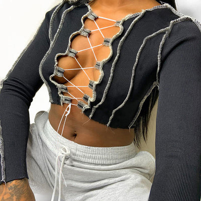 Sexy Hollowout Lace-Up Long Sleeve Top