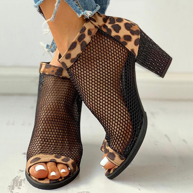 Leopard Mesh Patchwork Peep Toe Boots - Cherrybetty