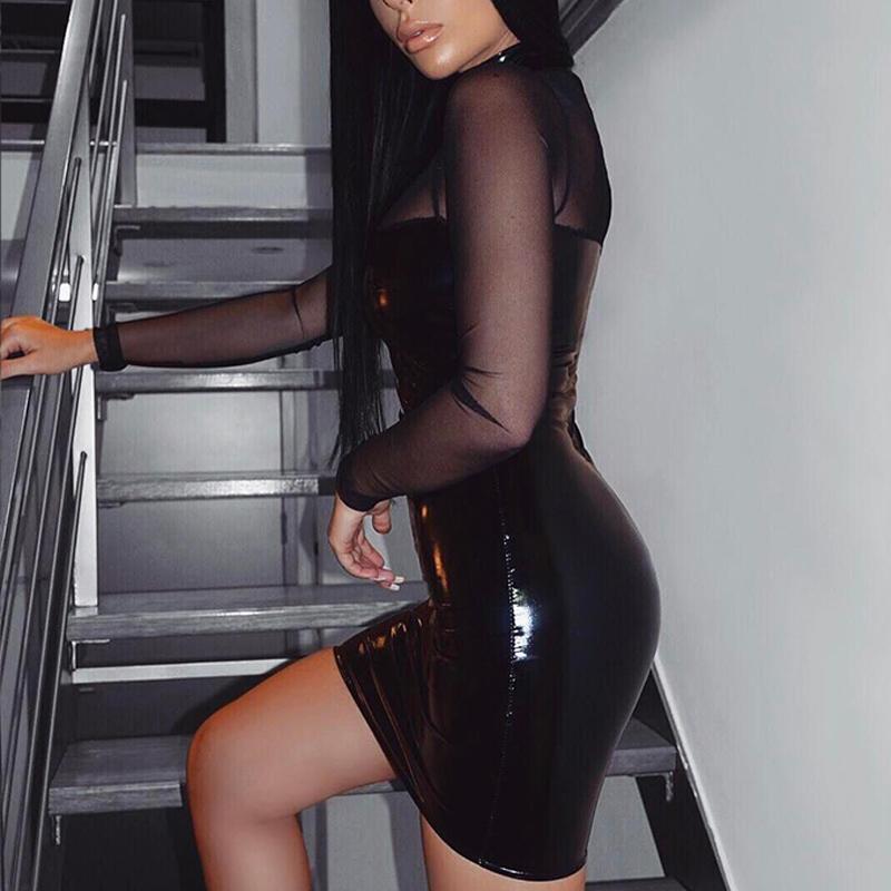 Long Sleeve Mesh PU Stitching Dress - Shop Shiningbabe - Womens Fashion Online Shopping Offering Huge Discounts on Shoes - Heels, Sandals, Boots, Slippers; Clothing - Tops, Dresses, Jumpsuits, and More.