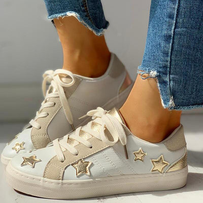 Star Design Casual Lace-Up Sneakers - Cherrybetty