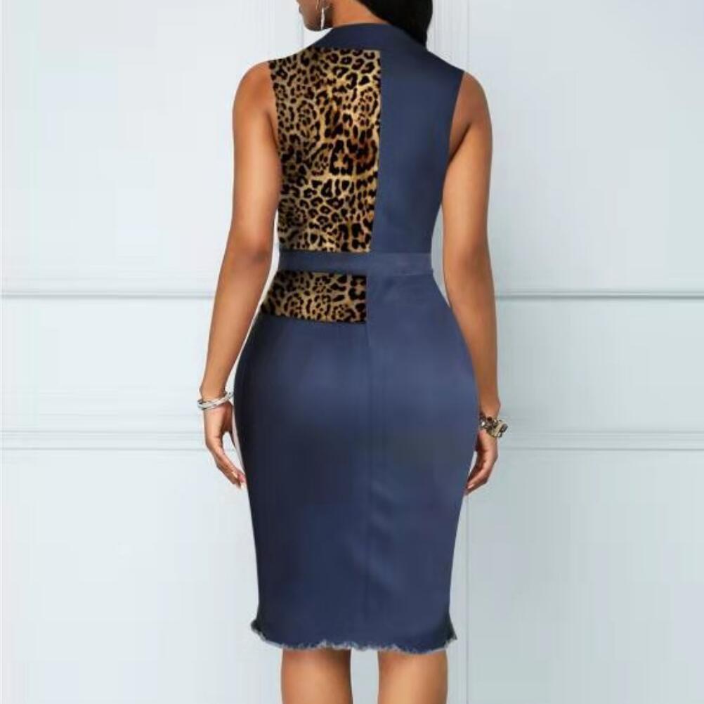 Leopard Stitching Lace-Up Denim Long-Sleeve Dress