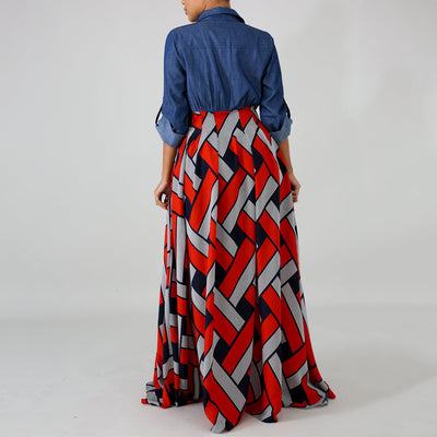 V-neck Print Stitch Denim Long-Sleeve Dress