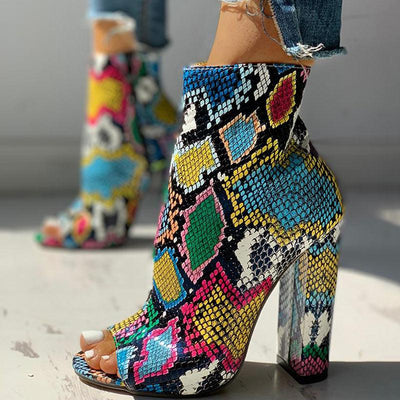 Colorful Snakeskin Chunky Heeled Boots - Cherrybetty