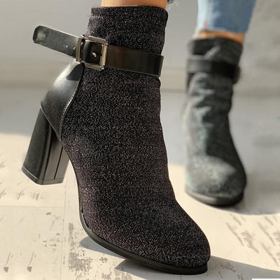 Suede Ankle-Buckled Pointed Toe Chunky Heeled Boots - Cherrybetty