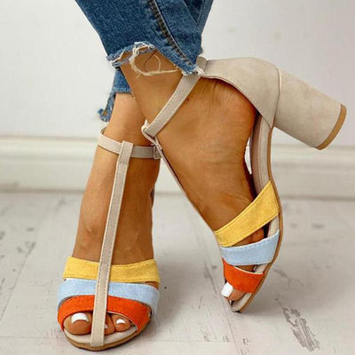 Ankle Buckled Colorblock Chunky Heeled Sandals - Cherrybetty