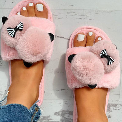 Fluffy Pom Pom Bowknot Embellished Open Toe Flat Slippers - Cherrybetty