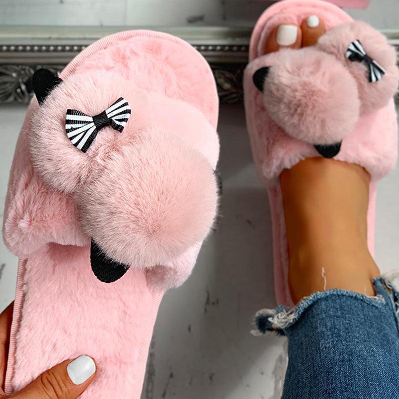 Fluffy Pom Pom Bowknot Embellished Open Toe Flat Slippers - Cherrybetty