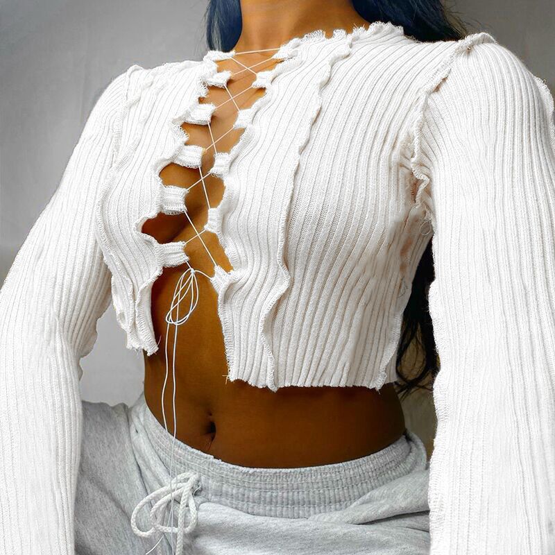 Sexy Hollowout Lace-Up Long Sleeve Top