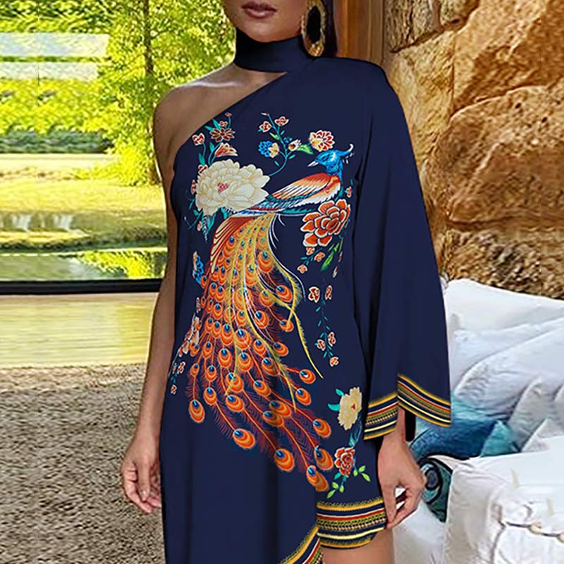 One Shoulder Peacock Floral Print Irregular Dress