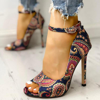 Ethnic Print Peep Toe Ankle Strap Thin Heeled Sandals - Cherrybetty