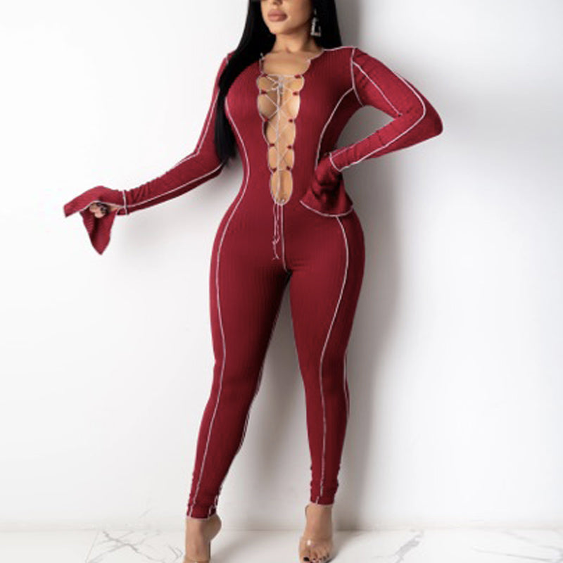 Solid Lace-Up Flared Long Sleeve Jumpsuit