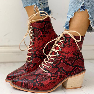 Pointed Toe Lace-up Snakeskin Chunky Heeled Boots - Cherrybetty