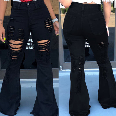 Solid Cut Out Bell Bottom Denim Pants