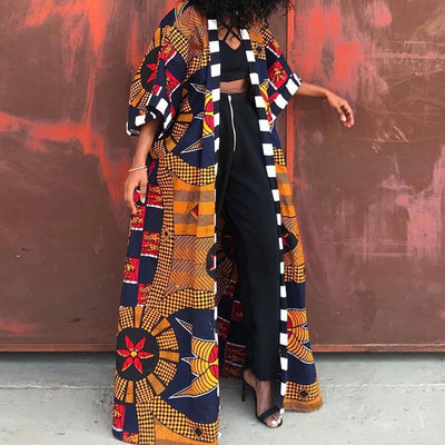 Africa Print Long Sleeve Causal Trench Coat