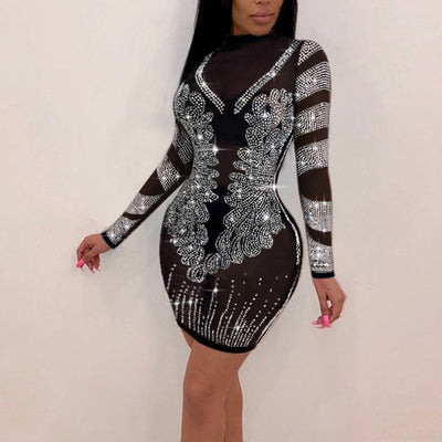 Sequins Sheer Mesh Patchwork Bodycon Party Dress